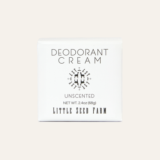 Little Seed Farm All-Natural Deodorant Cream in glass jar—aluminum-free, baking soda-free, and made with organic ingredients for lasting freshness.