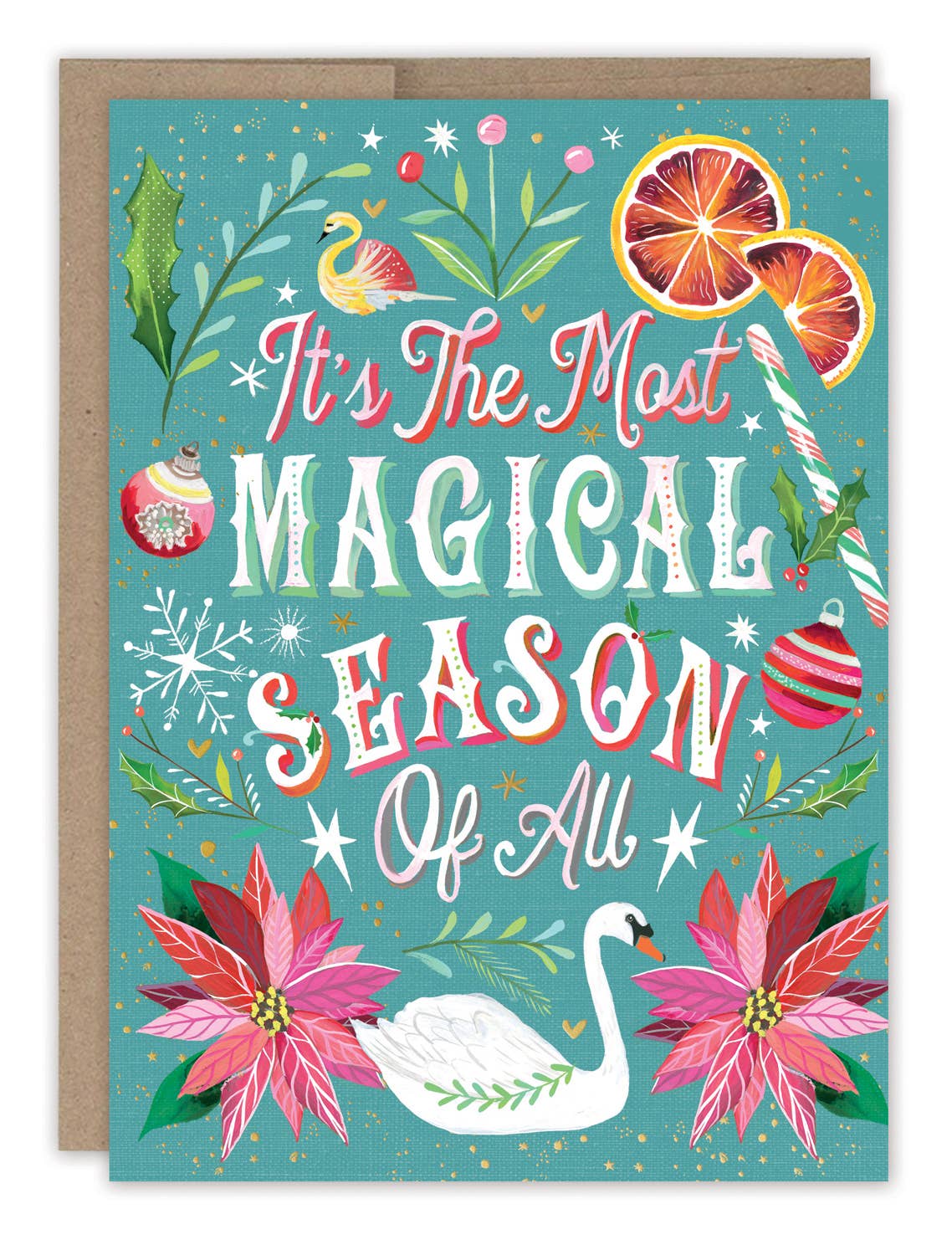 Greeting card with festive design featuring swans, flowers, and text on a blue background.
