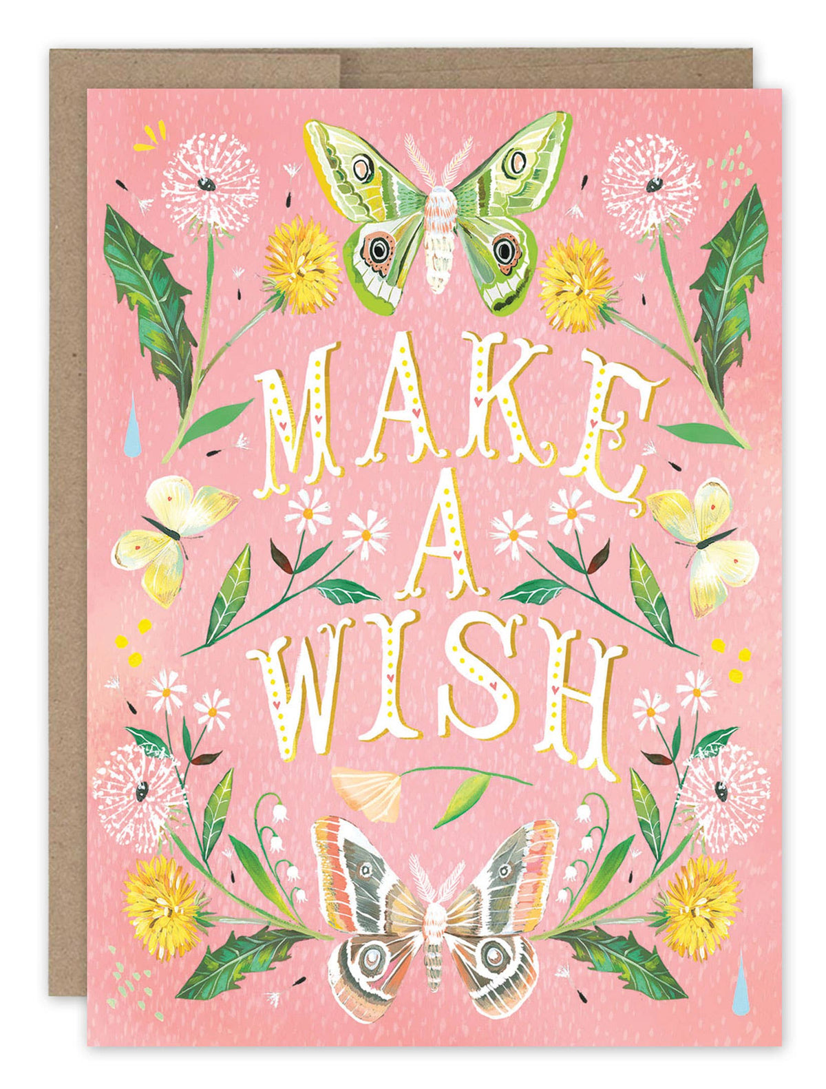 Greeting card with butterflies, flowers, and 'Make a Wish' text on a pink background