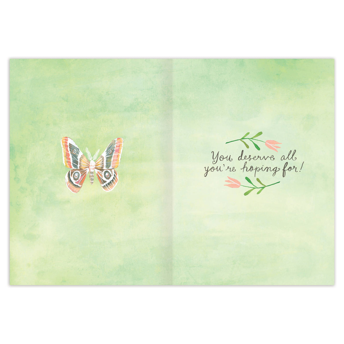 Greeting card with a butterfly illustration and text on a green watercolor background