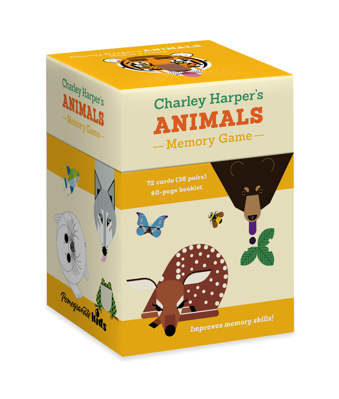 Charley Harper Animal Memory Game with 72 colorful cards, featuring whimsical animal artwork, fun matching game for children and adults.