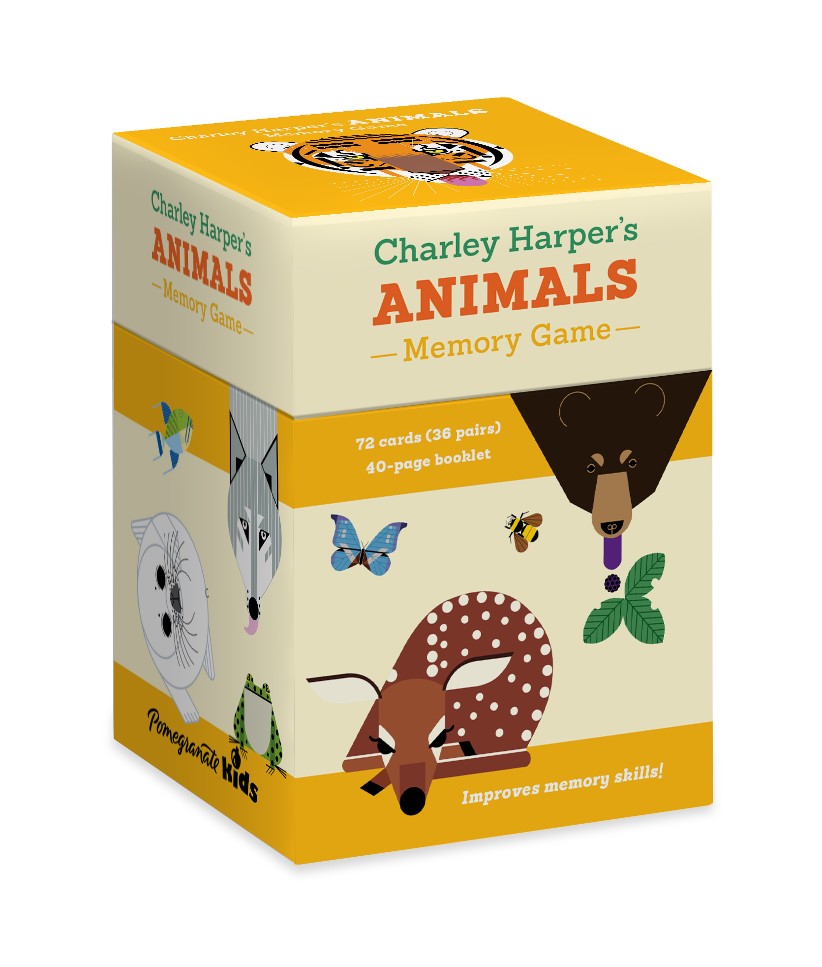 Charley Harper Animal Memory Game with 72 colorful cards, featuring whimsical animal artwork, fun matching game for children and adults.