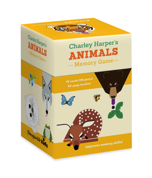 Charley Harper Animal Memory Game with 72 colorful cards, featuring whimsical animal artwork, fun matching game for children and adults.