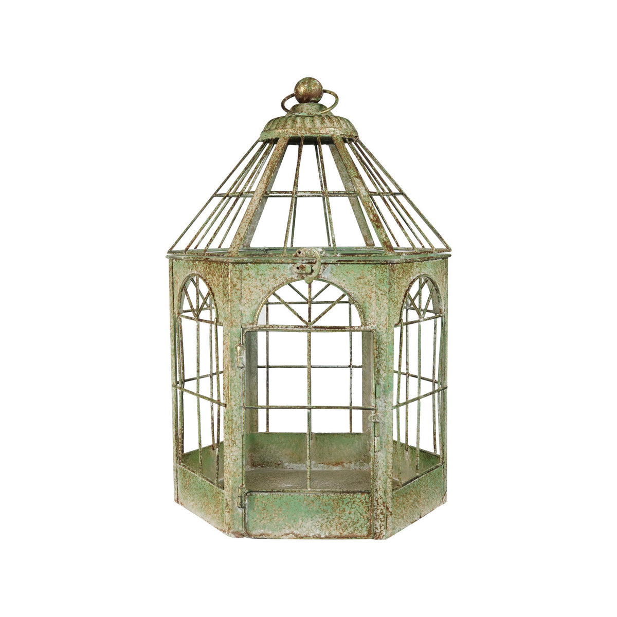 Vintage-style green metal birdcage on a white background