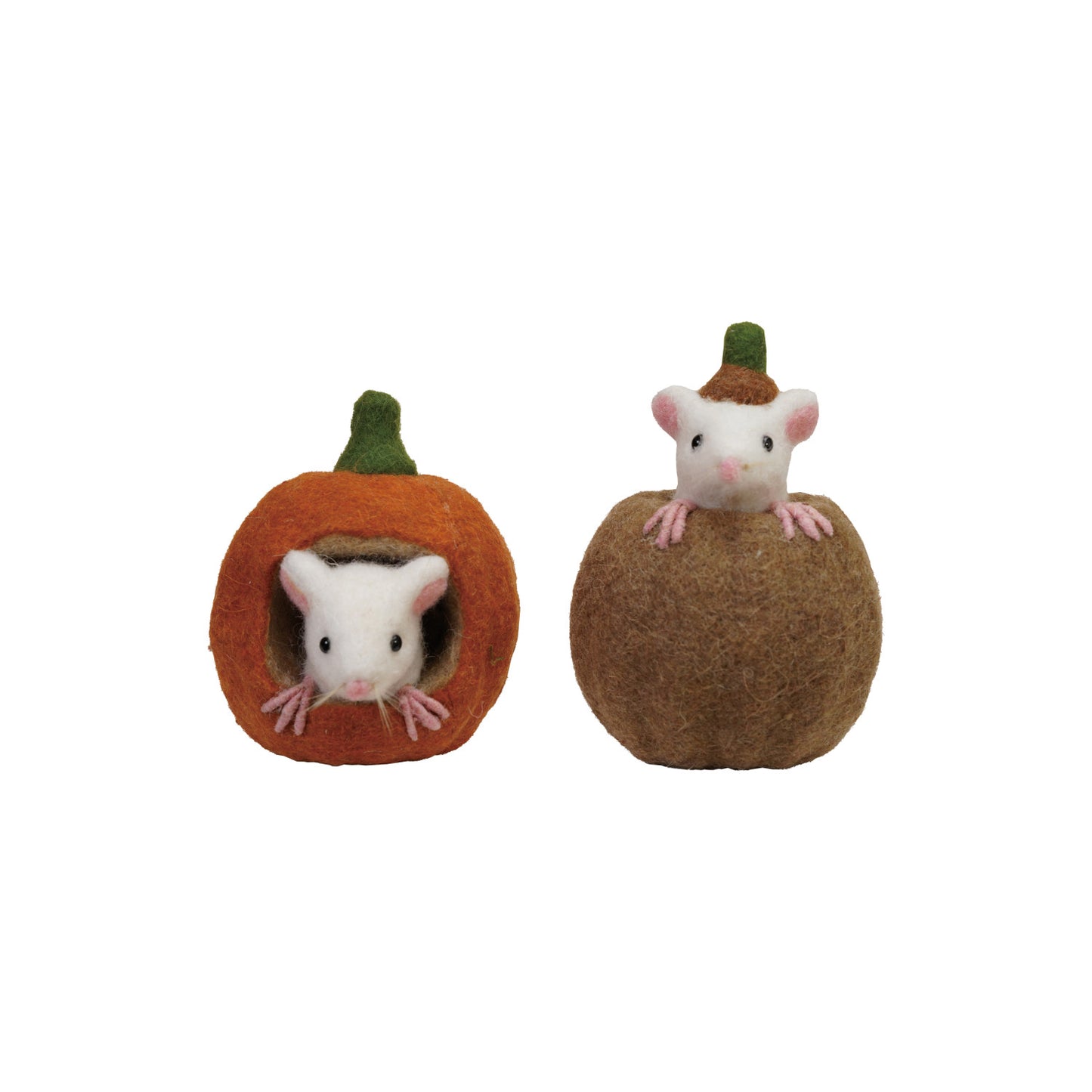 Two small plush mice with pumpkin and acorn-shaped houses on a white background