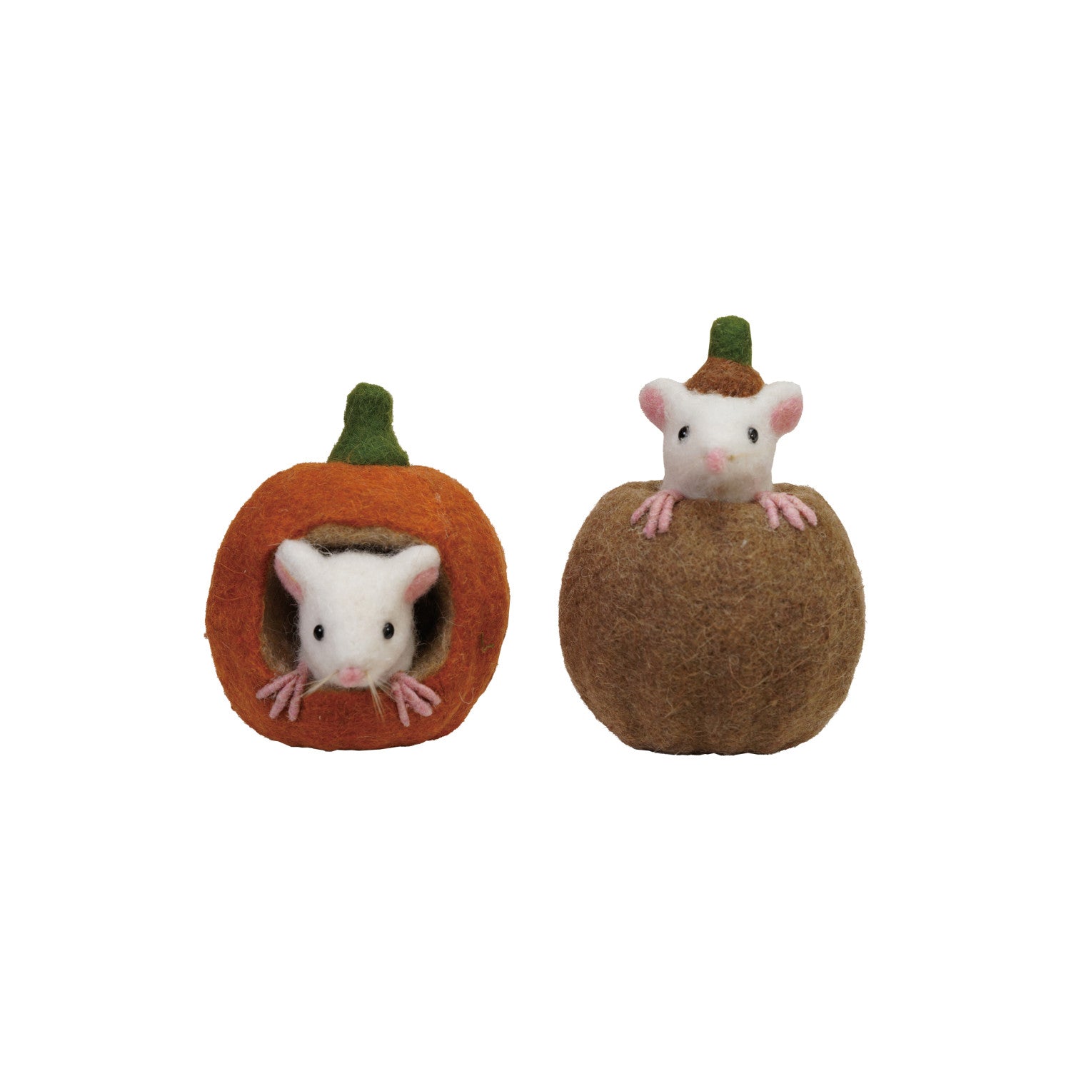 Two small plush mice with pumpkin and acorn-shaped houses on a white background
