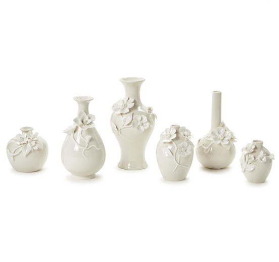 Mini white vases with sculpted 3-D flowers 