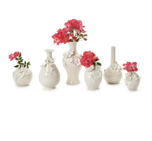 Mini white vases with sculpted 3-D flowers 