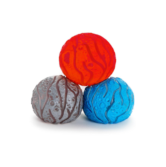 Molten Rock Meteorite light-up sensory balls displayed in assorted glowing color options with multicolored gel beads inside each meteor-inspired design.