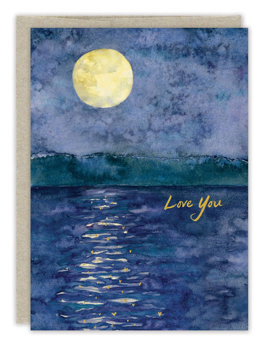 Greeting card with a moonlit sea and 'Love You' text