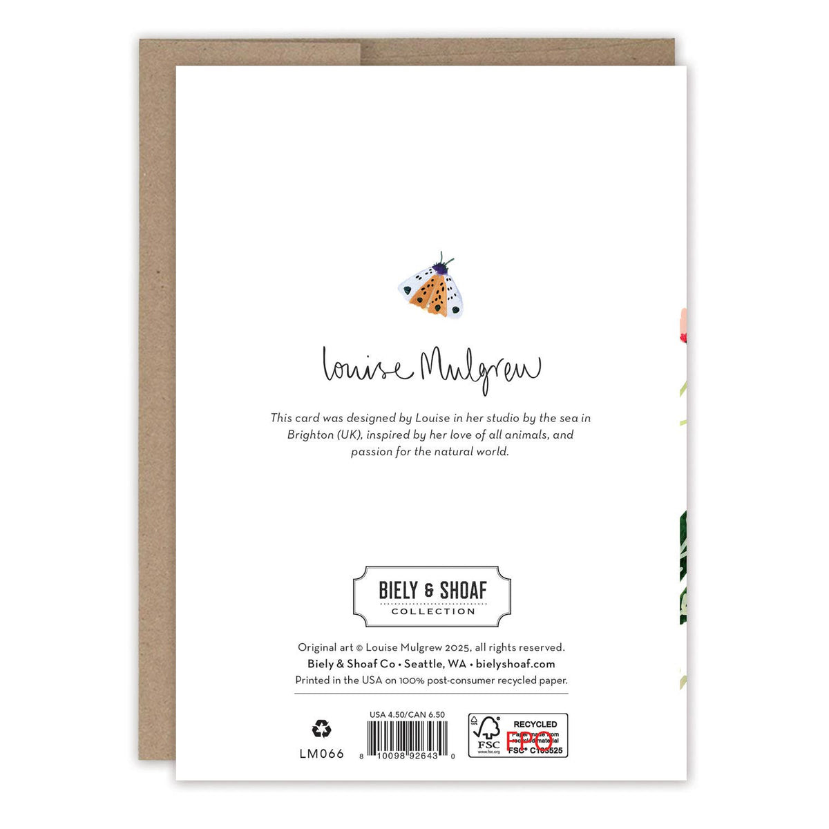 Back of a greeting card with branding and design information.
