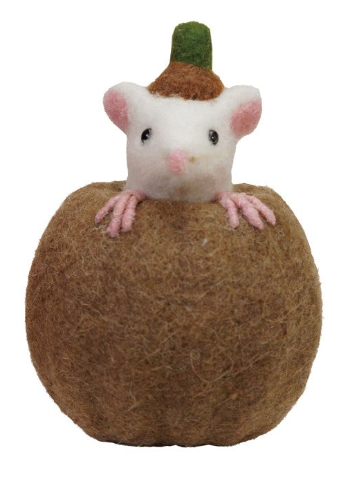 A felted wool decorative figure of a white mouse peeking out from a brown pumpkin, with a small green and brown hat on its head, isolated on a white background.