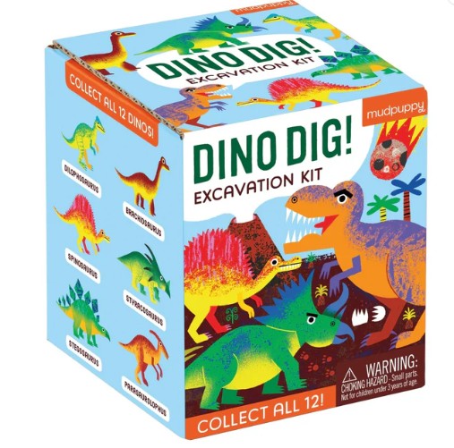 Mudpuppy Dino Dig Excavation Kit featuring a plaster egg, chisel, and colorful dinosaur illustrations, ideal for young explorers and imaginative play.