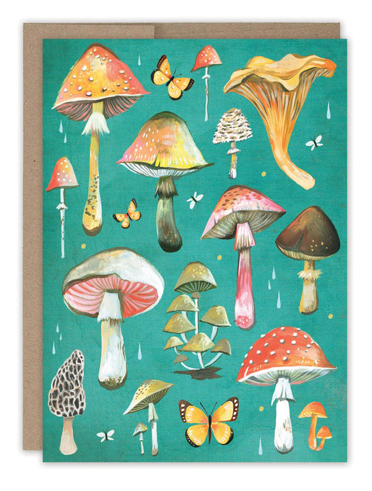 Card with colorful mushroom illustrations on a teal background