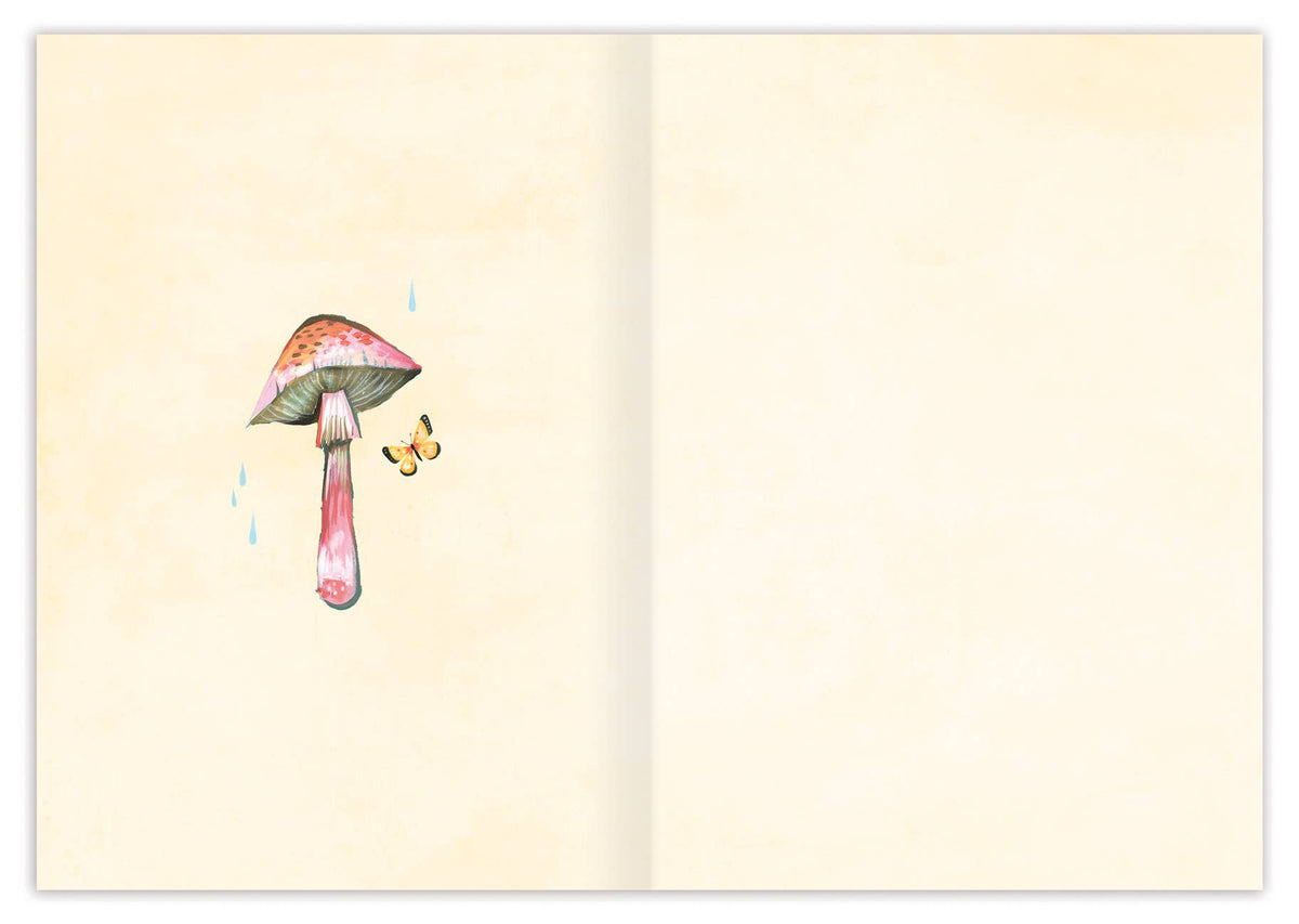 Illustration of a mushroom with a butterfly on a beige background