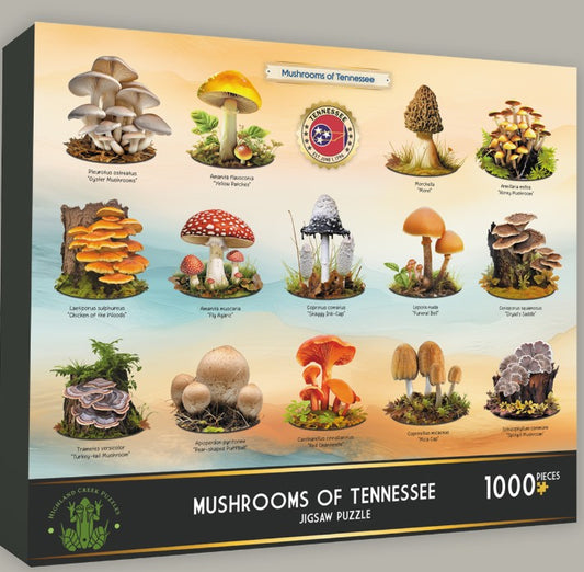 1000-piece jigsaw puzzle featuring detailed illustrations of Tennessee native mushrooms, including morels, chanterelles, and turkey tails, arranged in a colorful, educational, and nature-inspired design.