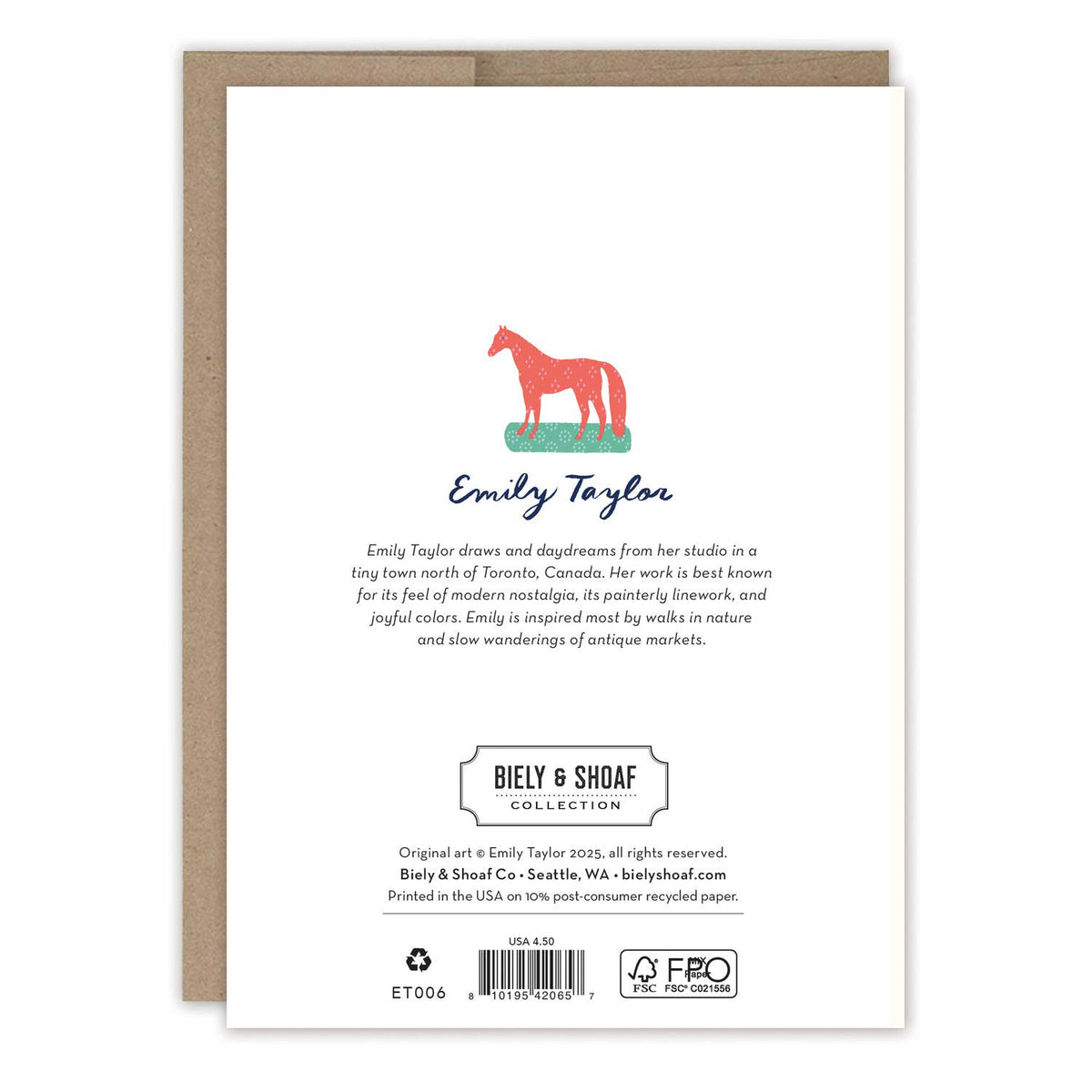 Back of a greeting card with horse illustration and text about Emily Taylor and Bely & Shoaf Collection.