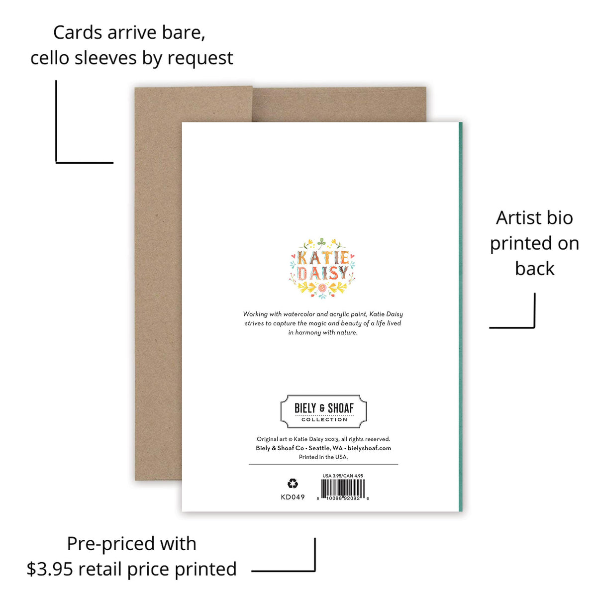 Katie Daisy greeting card with cello sleeve and artist bio printed on the back