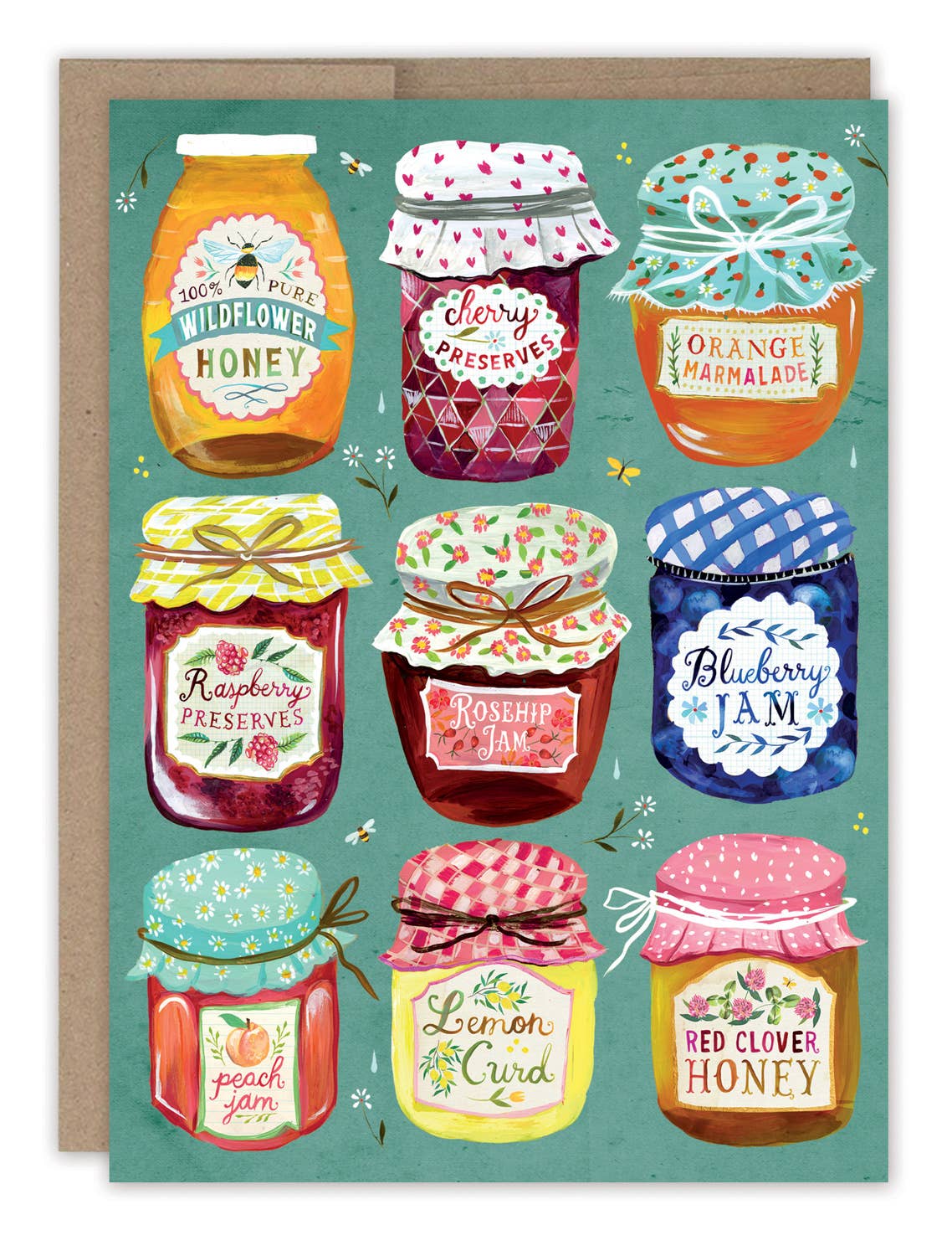 Card with illustrations of various jam jars on a green background