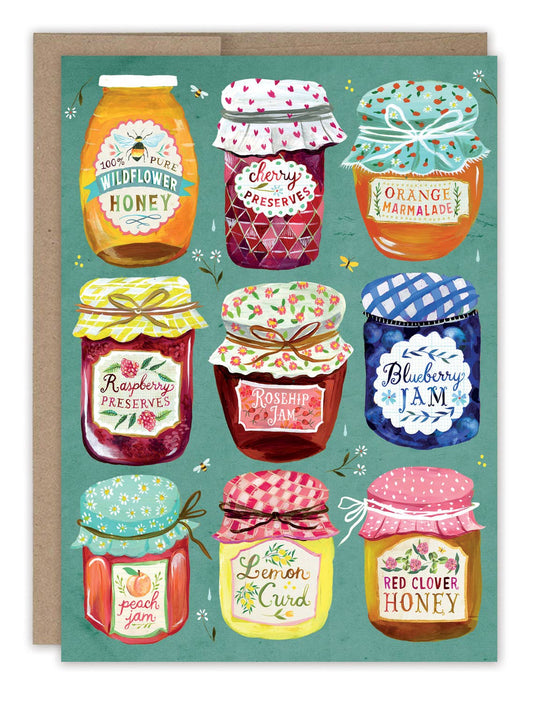 Card with illustrations of various jam jars on a green background