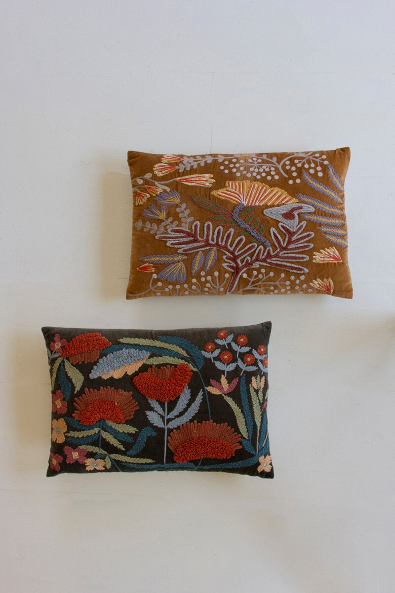 Embroidered Pillow w/ Flowers, 2 Styles