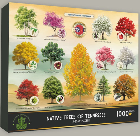 1000-piece jigsaw puzzle featuring detailed illustrations of Tennessee native trees, including oak, maple, and Tulip poplar, arranged in a colorful, educational, and nature-inspired design.