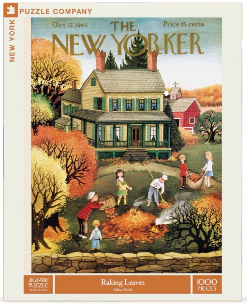 New York Puzzle Company 1000 Piece Puzzle featuring The New Yorker magazine October 1942 cover “Raking Leaves,” vintage autumn scene.