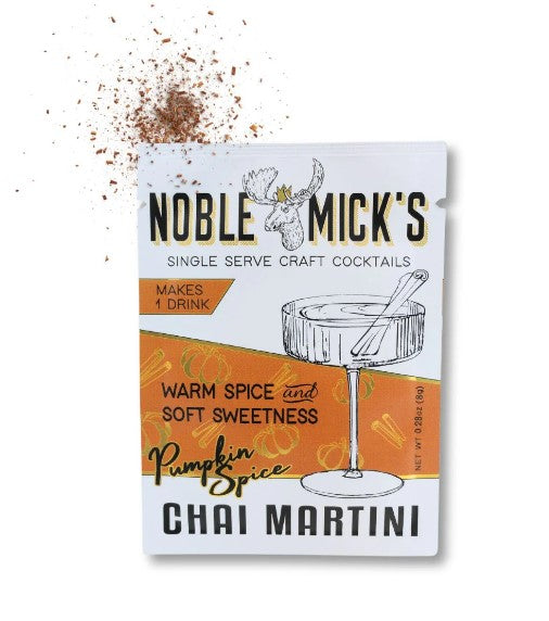 Single-serve Pumpkin Chai Martini Mix, creamy chai with warm spices and pumpkin, ideal for autumn sips and festive fall gatherings.