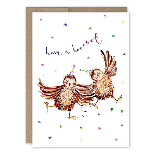 Greeting card with two hens and the text 'have a hooray' on a white background.