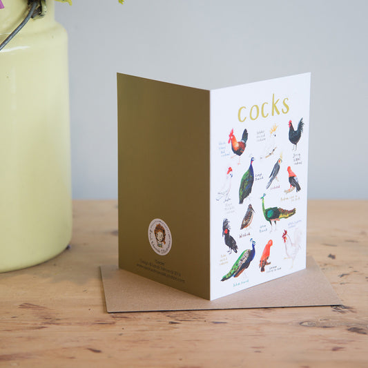 Greeting card with illustrations of various birds on a wooden surface