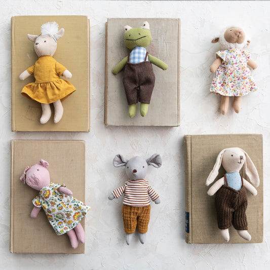 Set of 6½" plush animals in whimsical cotton clothes—pig, mouse, bear, rabbit, frog, and lamb—soft stuffed toys for play, décor, or gifting.