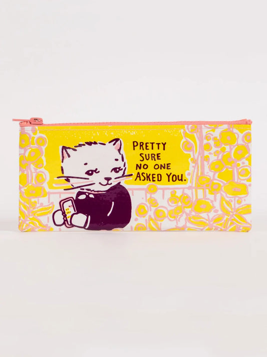 Pouch with a cat illustration and text on a yellow background