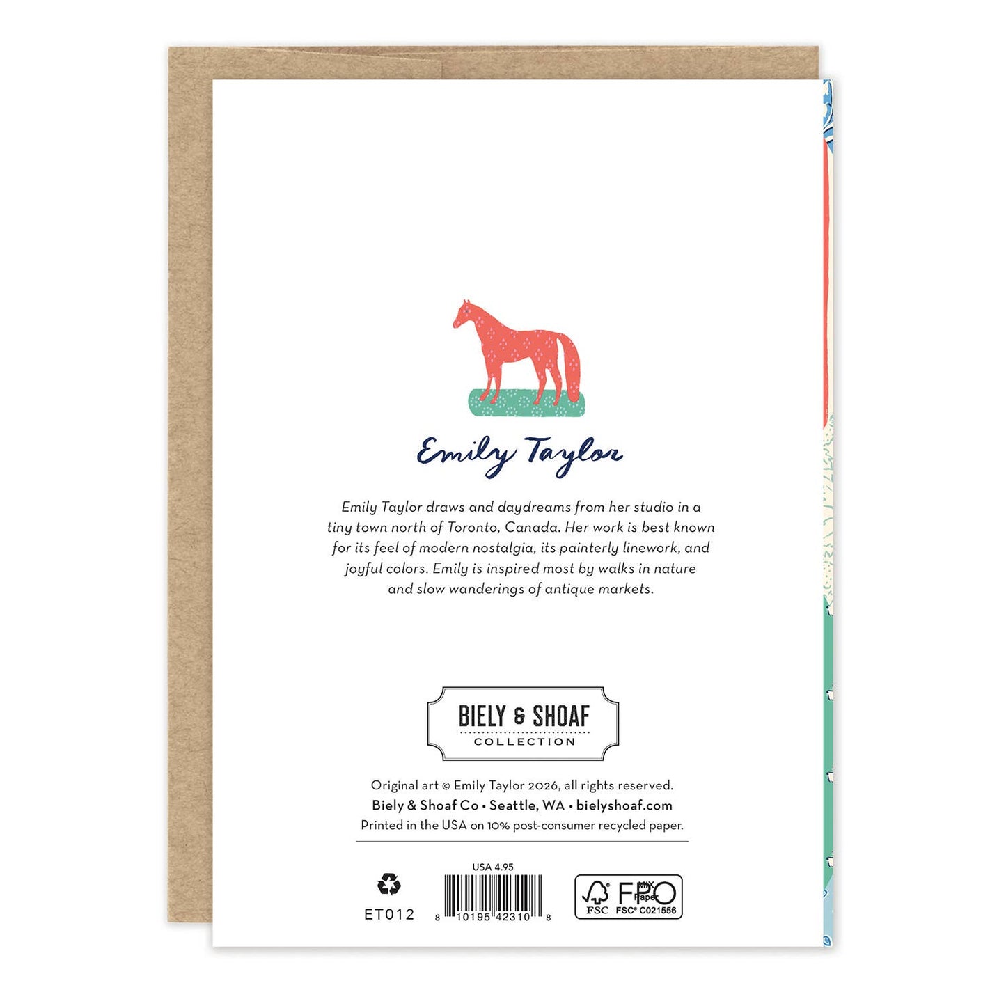 Back of a greeting card with horse illustration and Emily Taylor branding