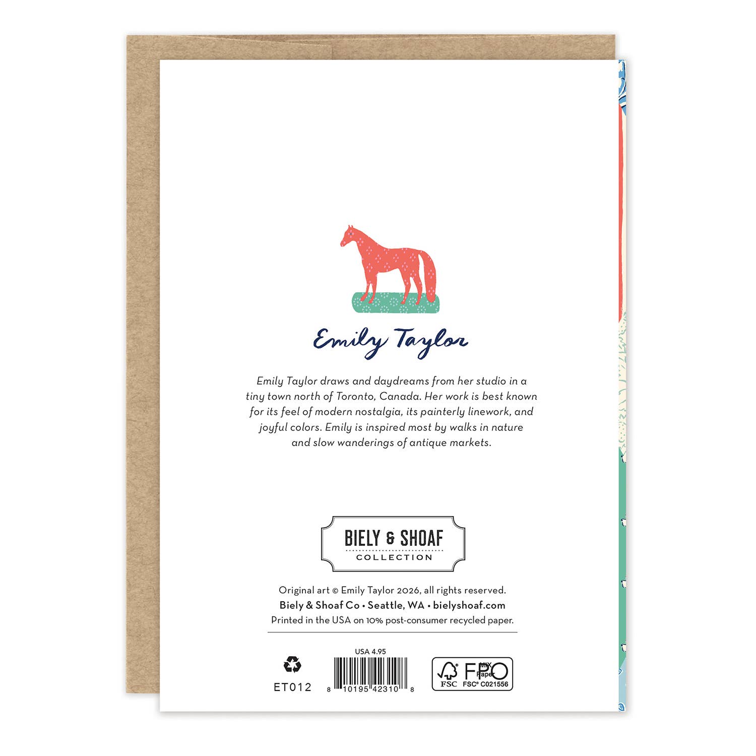 Back of a greeting card with horse illustration and Emily Taylor branding