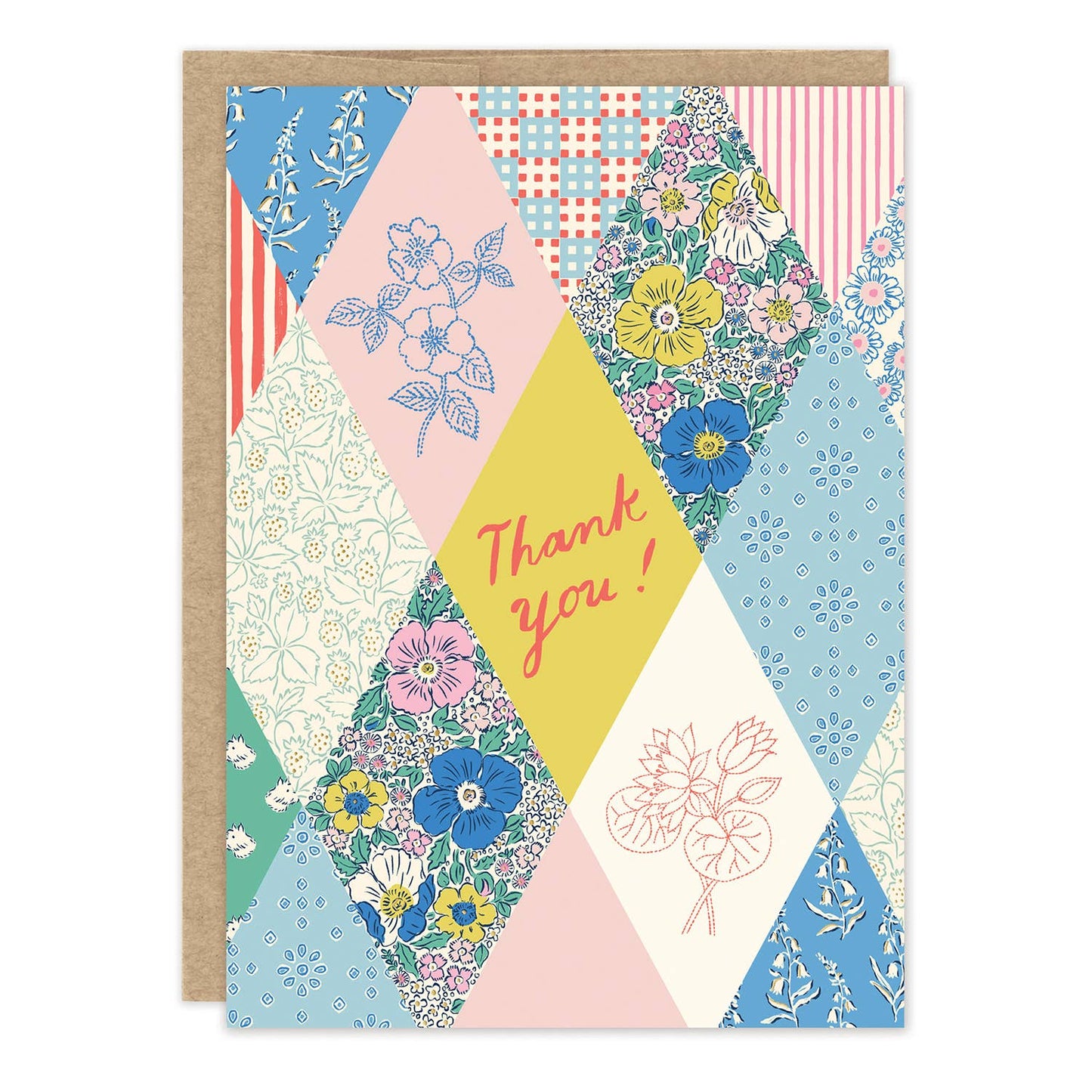 Colorful patchwork-style card with floral patterns and 'Thank you!' text on a white background.