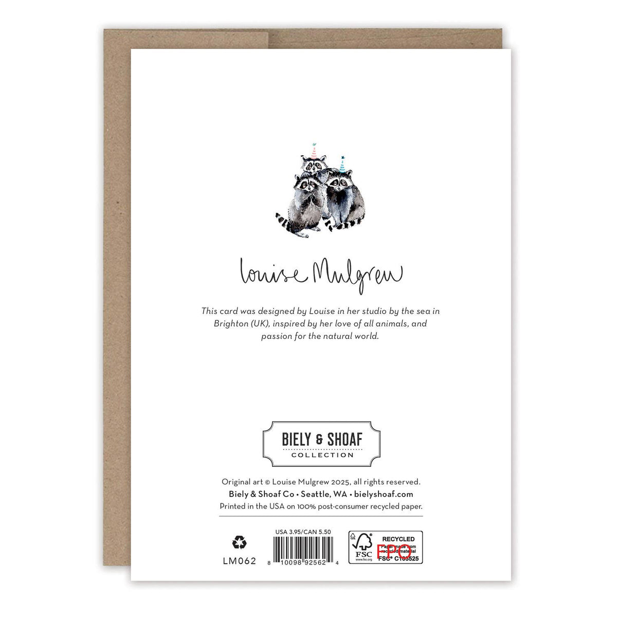 Back of a greeting card with raccoon illustration and branding information.