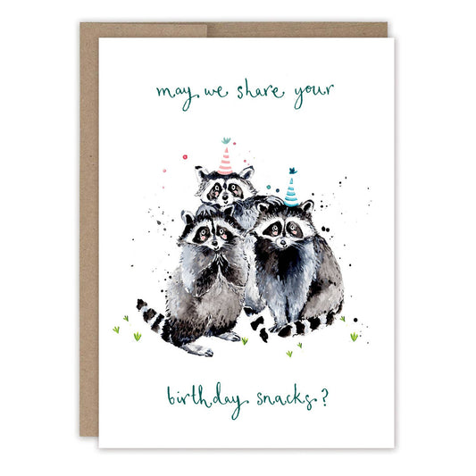 Greeting card with two raccoons and birthday hats, asking if they can share your birthday snacks.