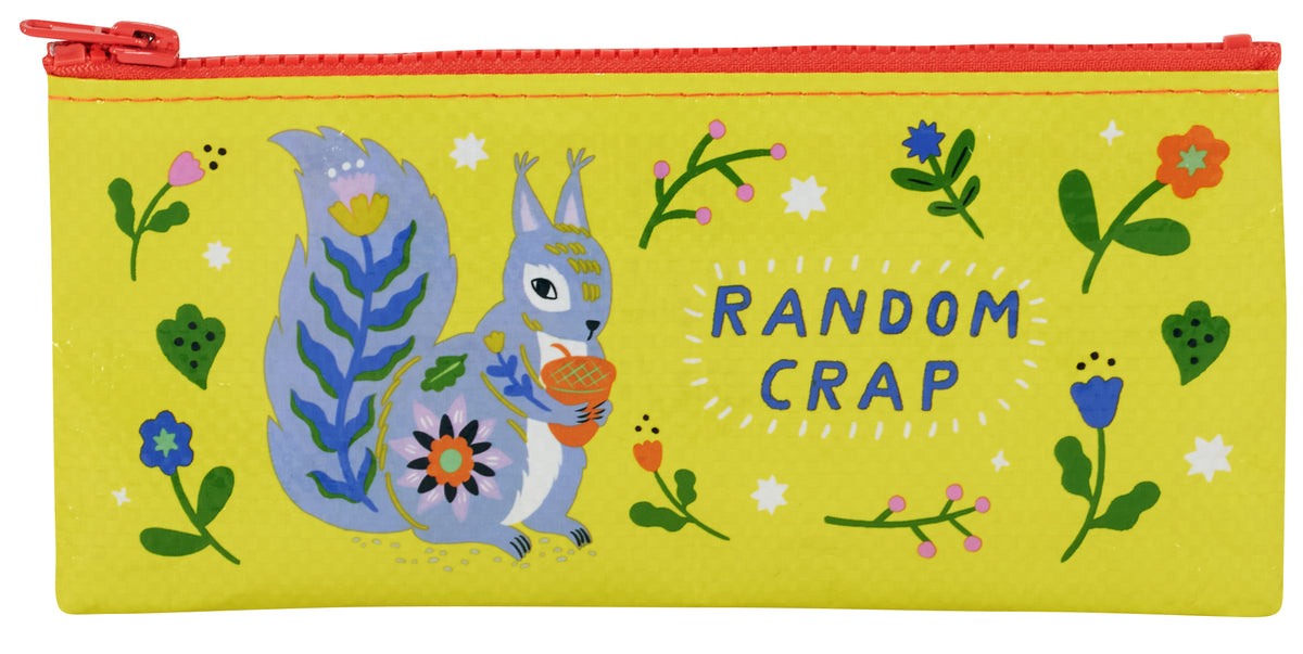 Pouch with cartoon characters and floral designs on a yellow background