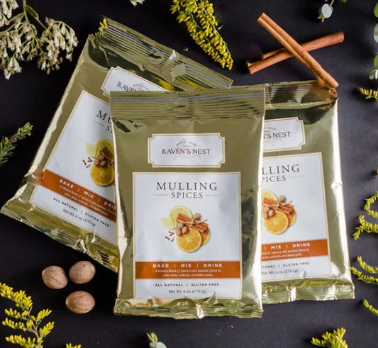 package of Raven’s Nest Mulling Spice with cinnamon, nutmeg, clove, orange, and lemon, ideal for fall and holiday beverages or baking.