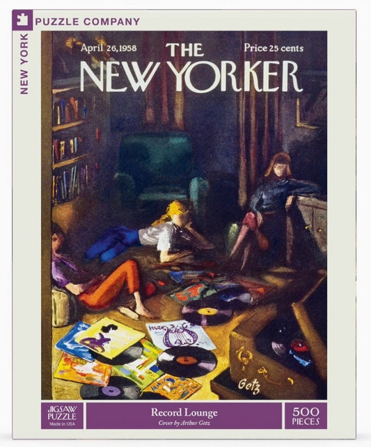 Record Lounge 500 Piece Puzzle by New York Puzzle Company, featuring Arthur Getz’s 1958 New Yorker cover art of a cozy record room scene.