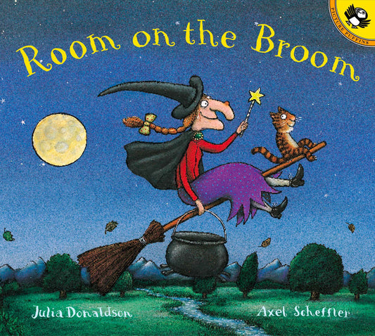 A cartoon witch riding a broomstick with her cat and cauldron