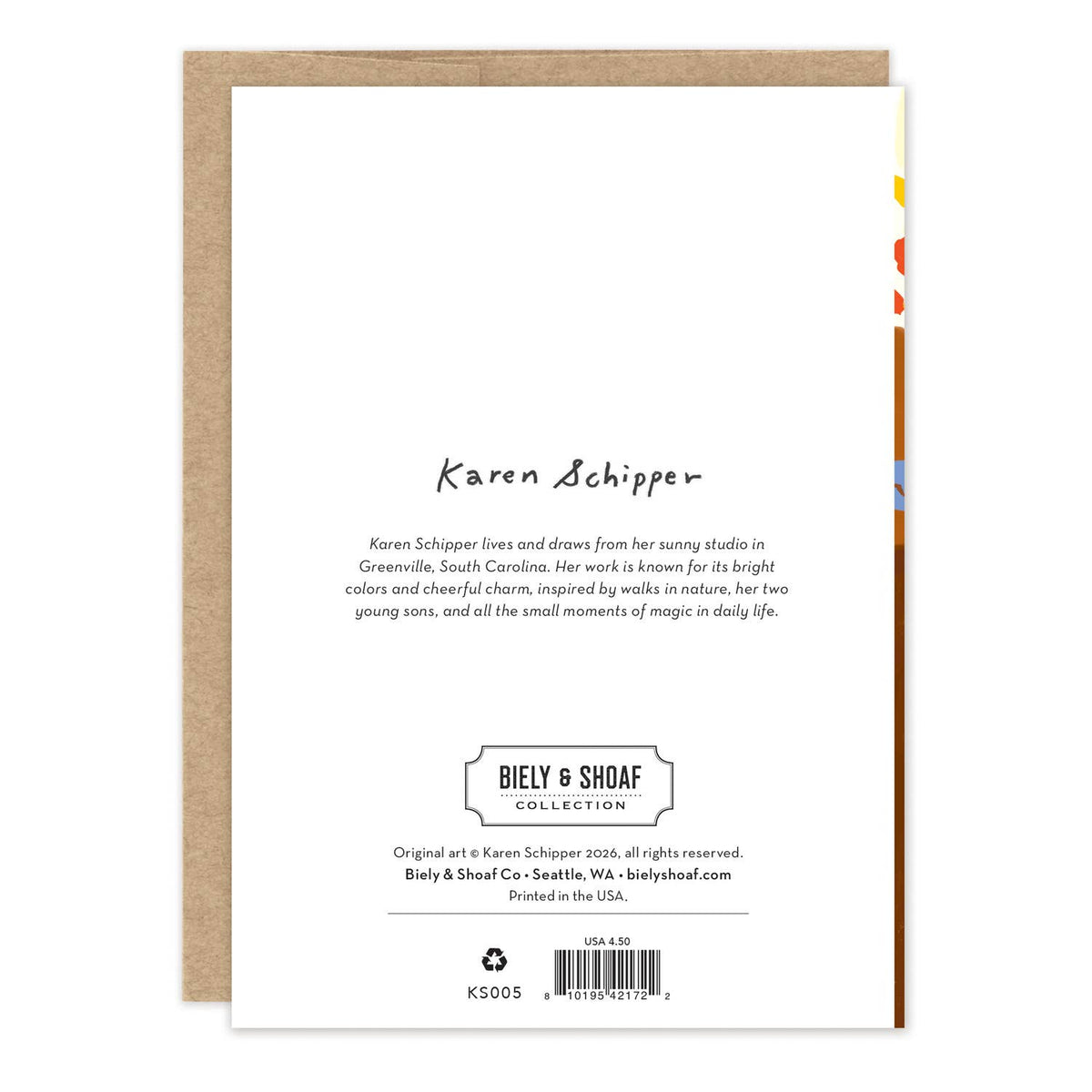 Back of a greeting card with text and branding