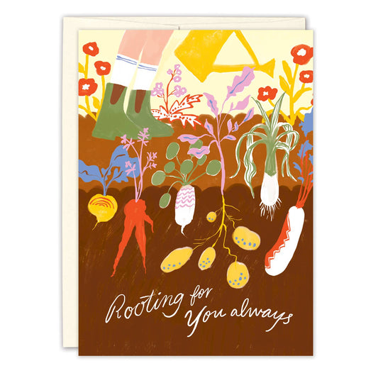 Greeting card with gardening illustration and 'Rooting for You always' text
