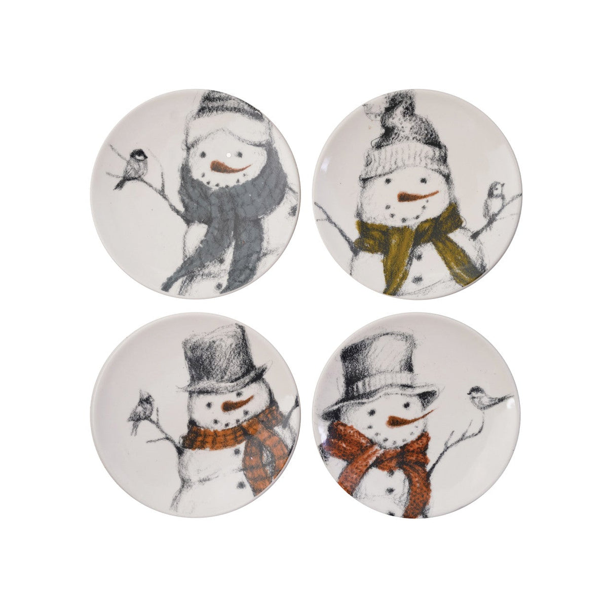 Four round trinket dishes with snowman designs on a white background