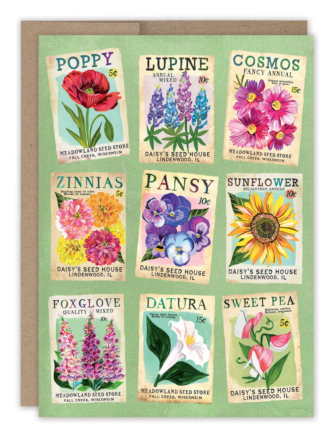 Card with vintage-style seed packet designs featuring various flowers on a green background.