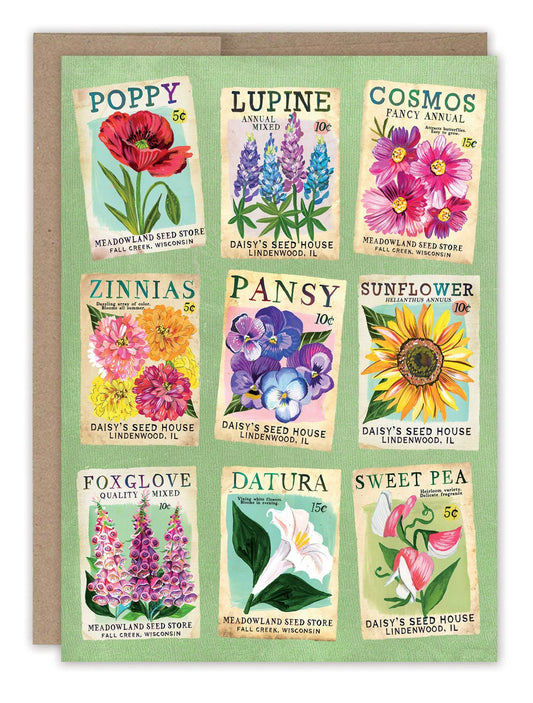 Card with vintage-style seed packet designs featuring various flowers on a green background.