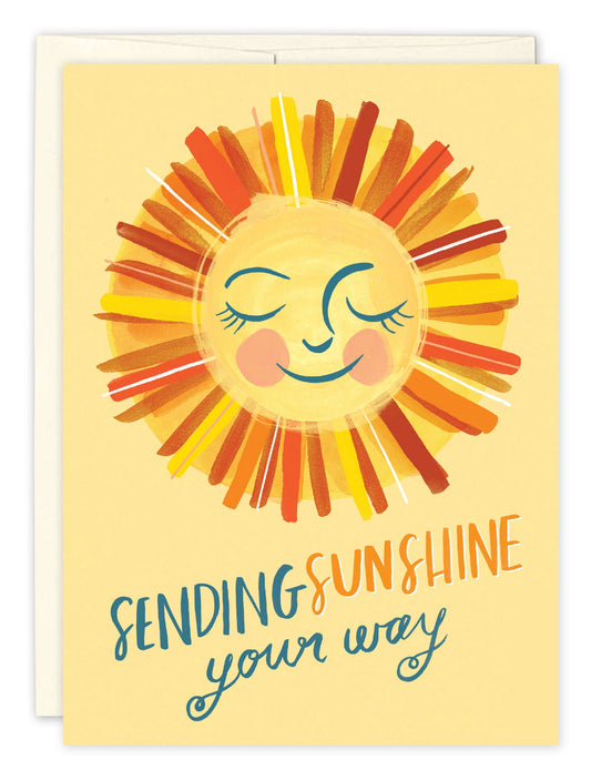 Card with a sun illustration and 'Sending Sunshine Your Way' text on a yellow background