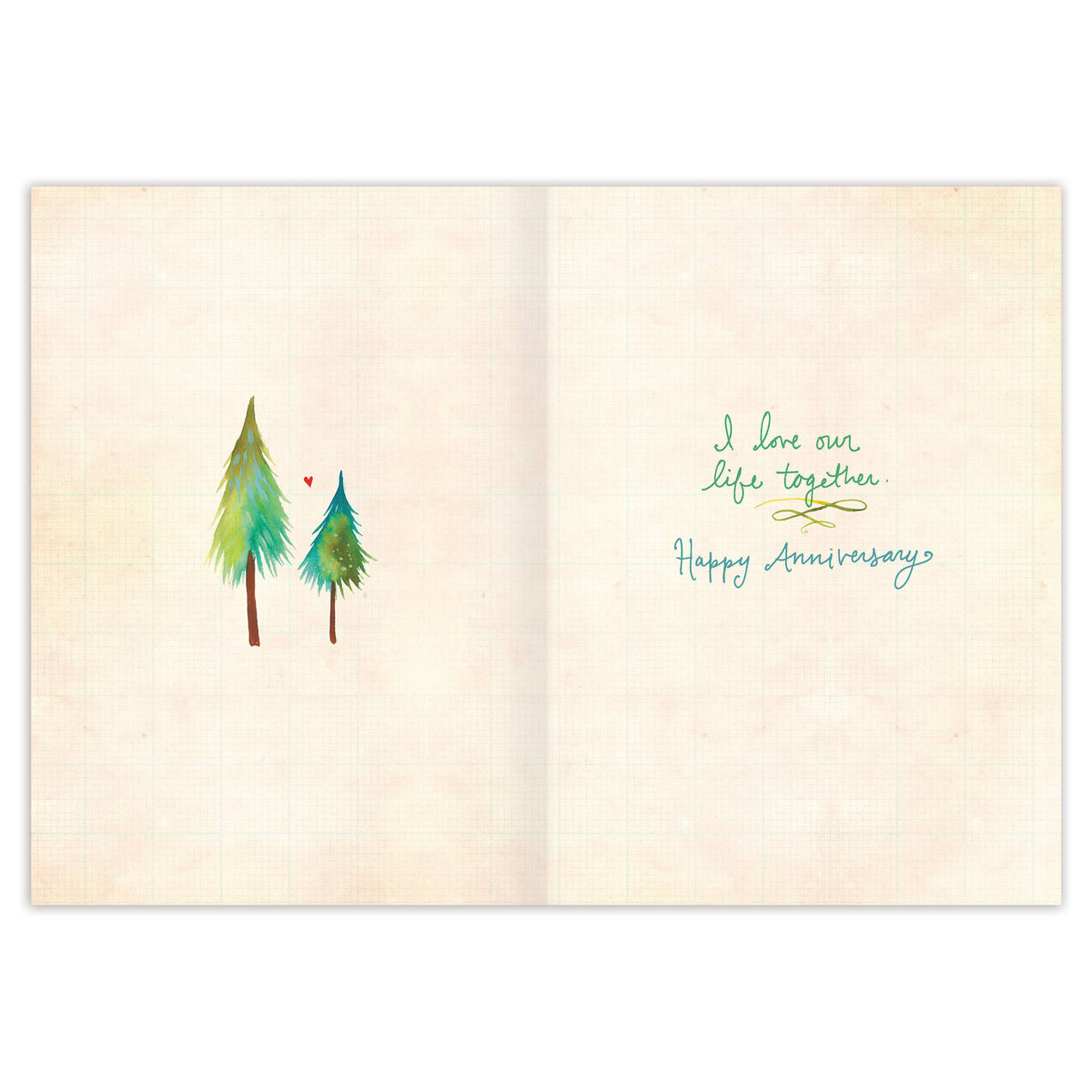 Greeting card with two trees and 'Happy Anniversary' text on a beige background
