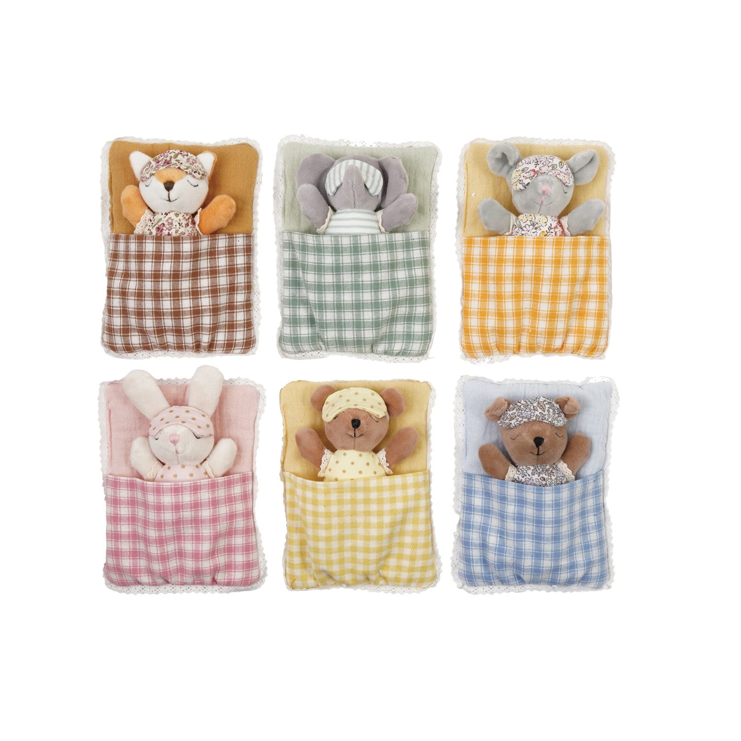 Set of six plush toys in fabric pouches on a white background