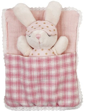 A plush bunny toy tucked inside a pink and white plaid fabric pouch with lace trim, set against a plain white background.